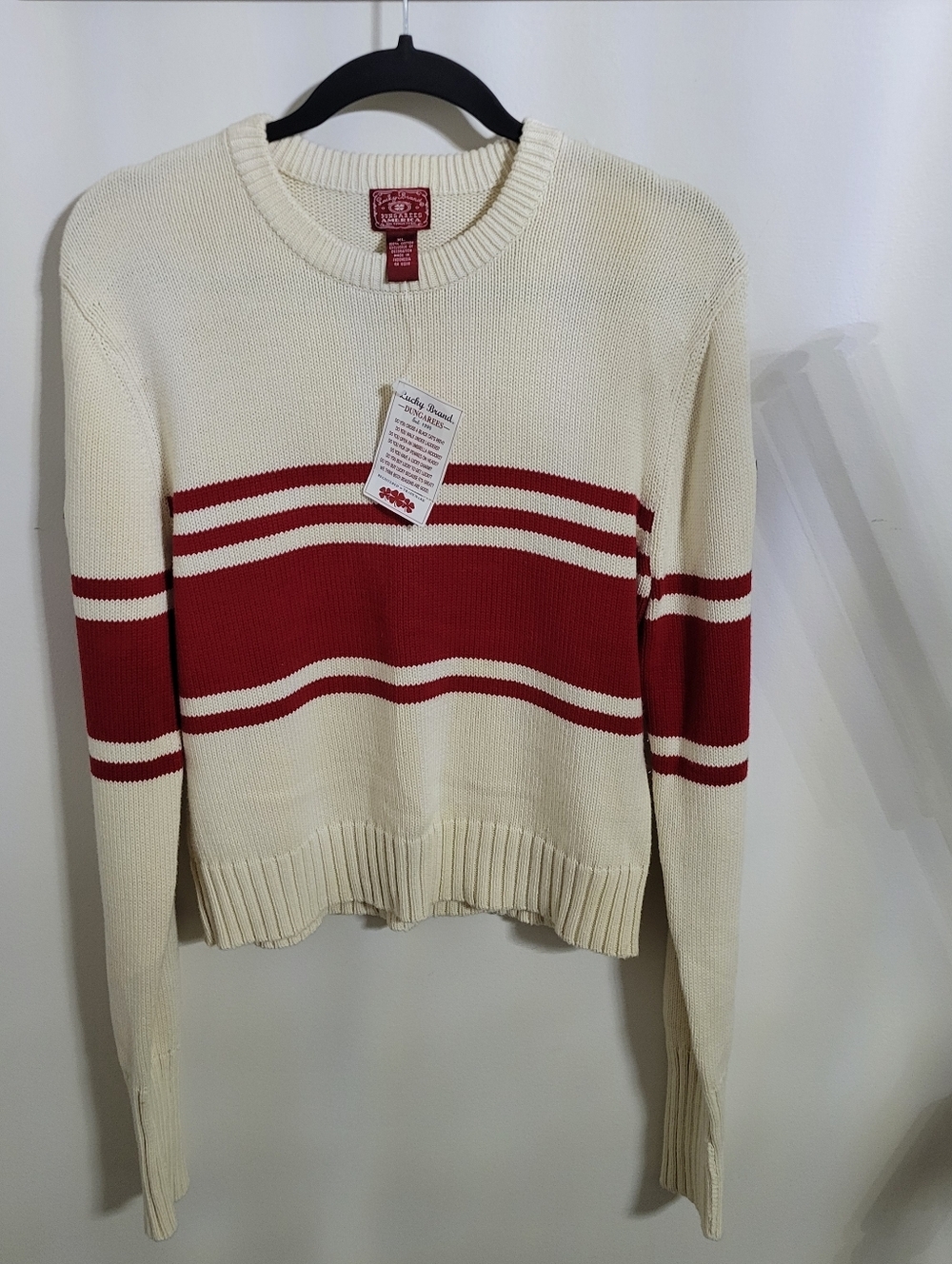 NWT Lucky Brand Cream & Red Striped Crewneck Sweater, Size XL - Picture 1 of 9